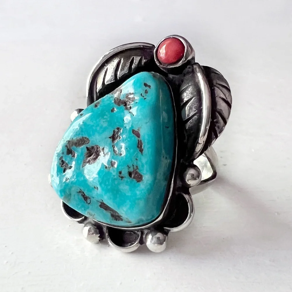 ✨ New Large ARTISAN Southwestern Turquoise & Coral Sterling Silver Ring USA Made